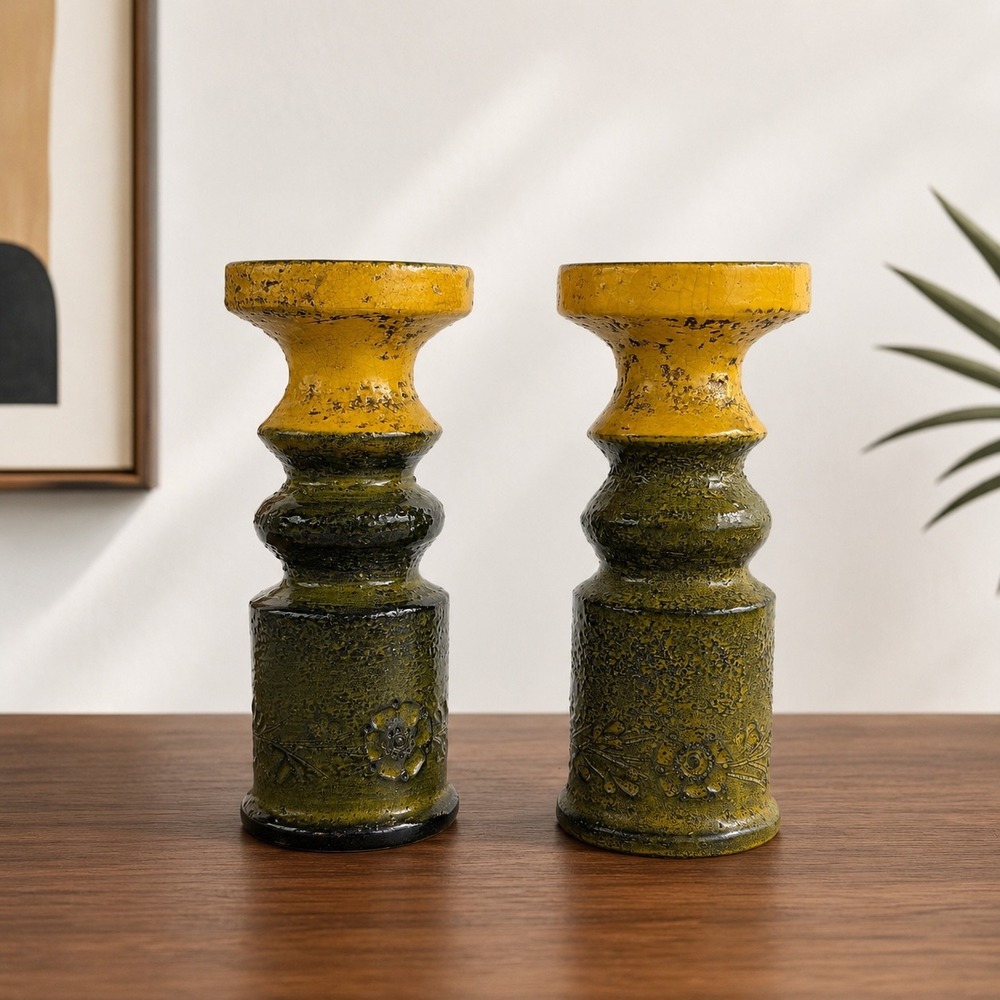 Bitossi Rosenthal Netter Italian Pottery Candle Holders Green Yellow Pair